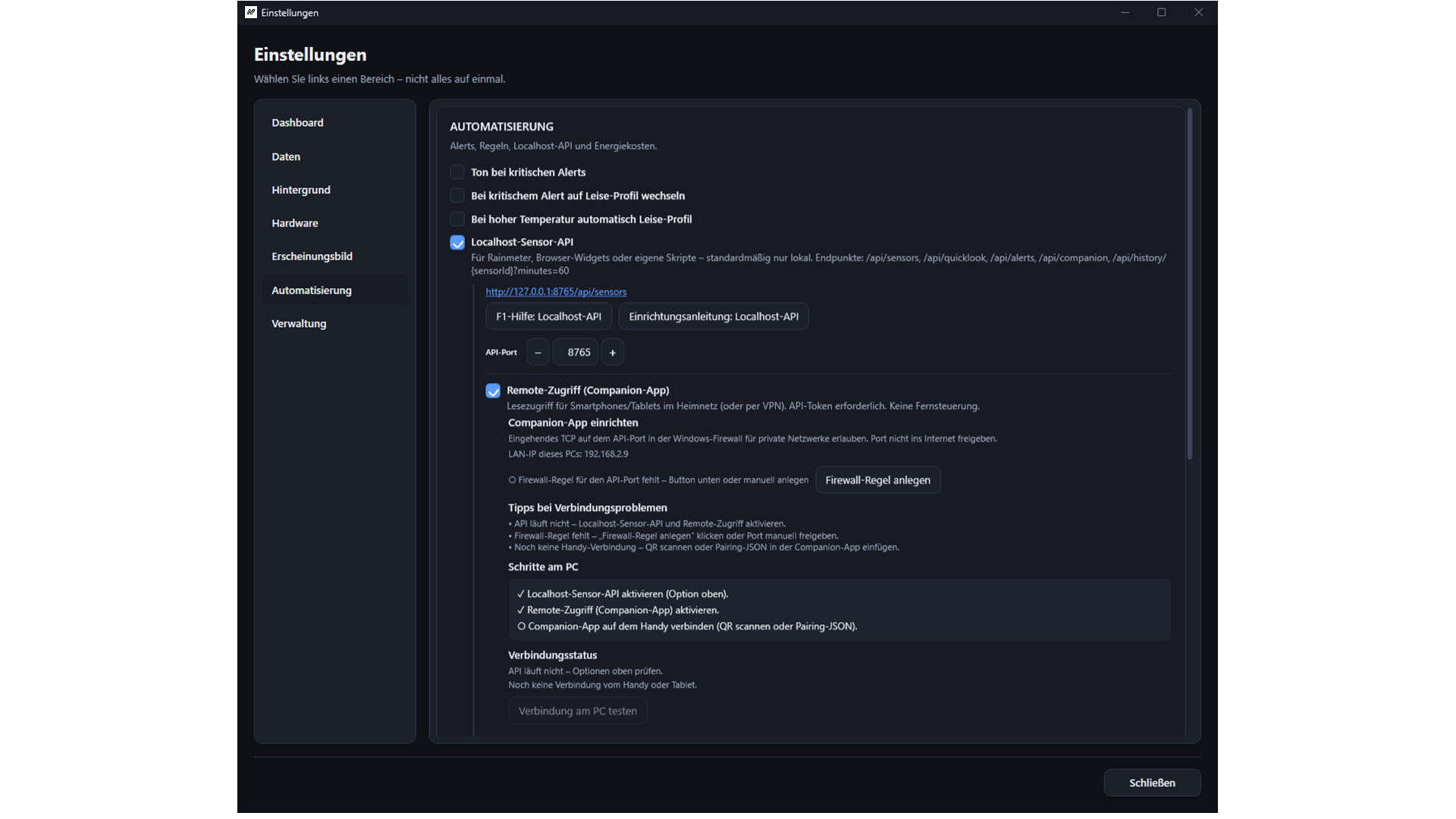 SensorPulse Einstellungen – Remote-Zugriff und Companion-Pairing