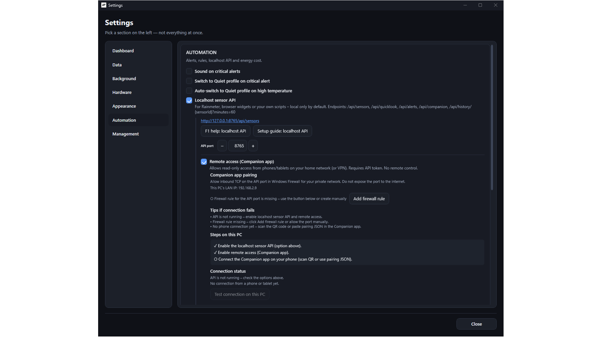 SensorPulse settings – remote access and Companion pairing