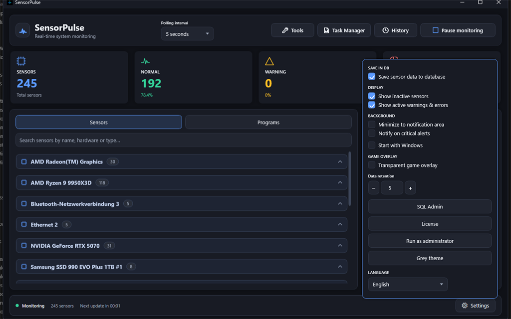 Settings window