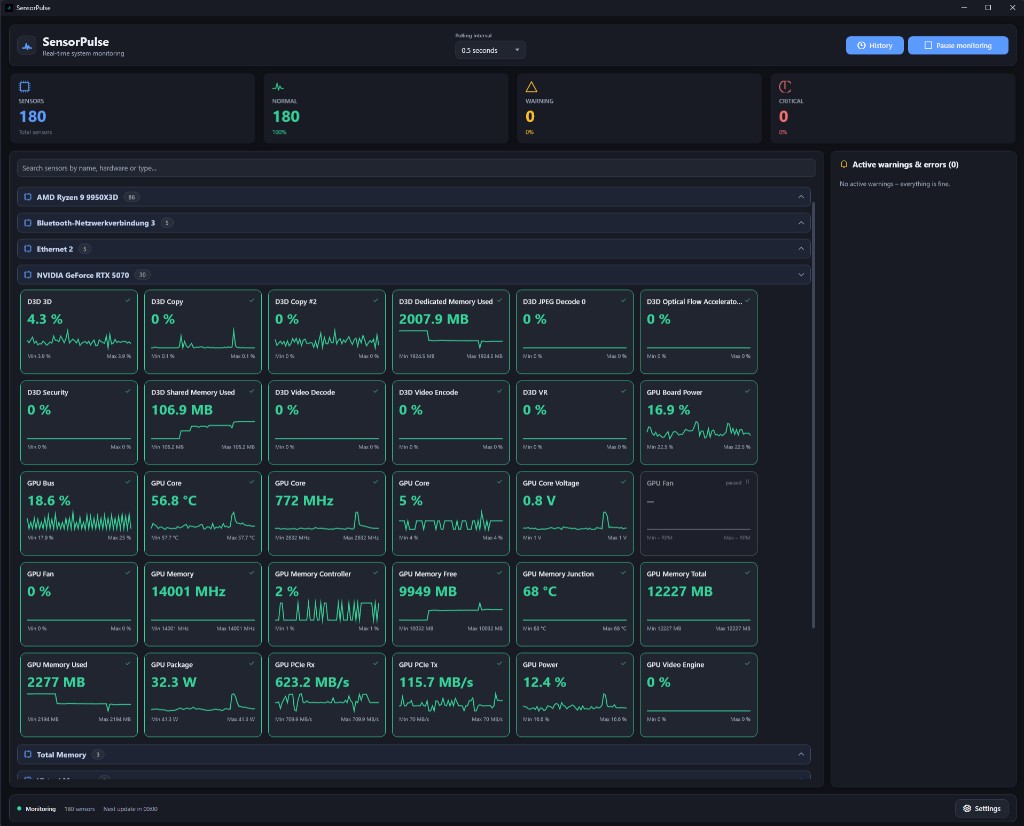 SensorPulse Hauptfenster mit Live-Sensoren und Hardware-Gruppen